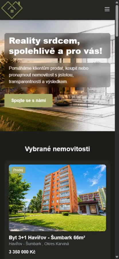 Mobilní podoba realitního webu Kasan & Pelcová.