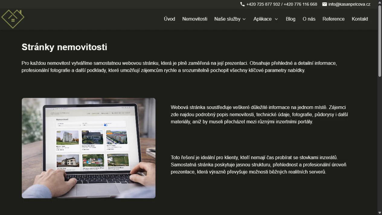 Stránka služby samostatných webových prezentací nemovitostí Kasan & Pelcová.