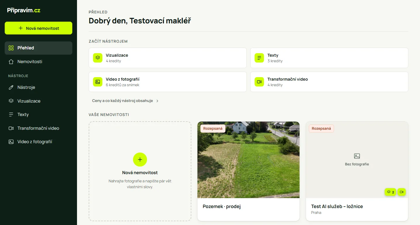 Rozhraní Připravím.cz s rozpracovanou realitní nabídkou.