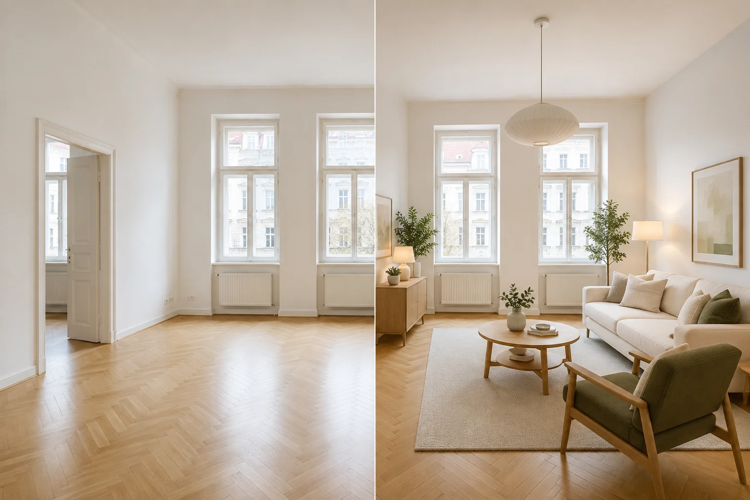 Porovnání původní fotografie místnosti a vygenerované vizualizace.