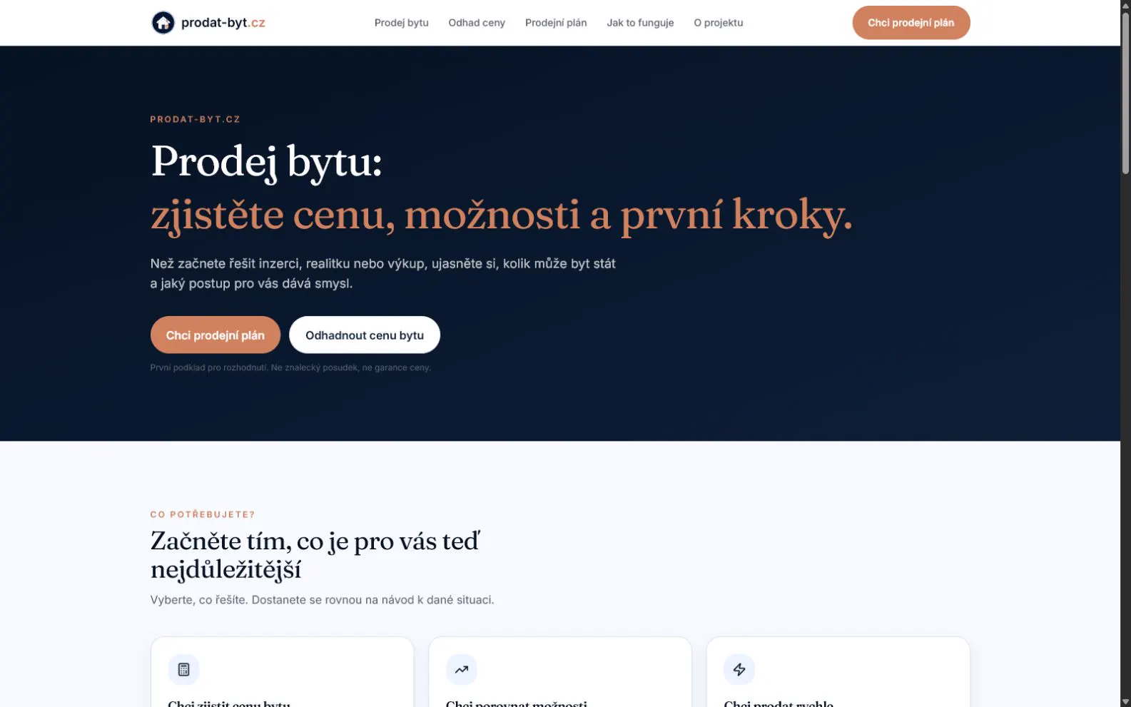 Úvodní stránka Prodat-byt.cz s odhadem ceny a prodejním plánem