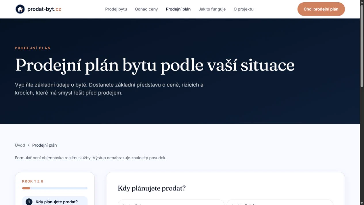 Vícekrokový prodejní plán bytu na webu Prodat-byt.cz.