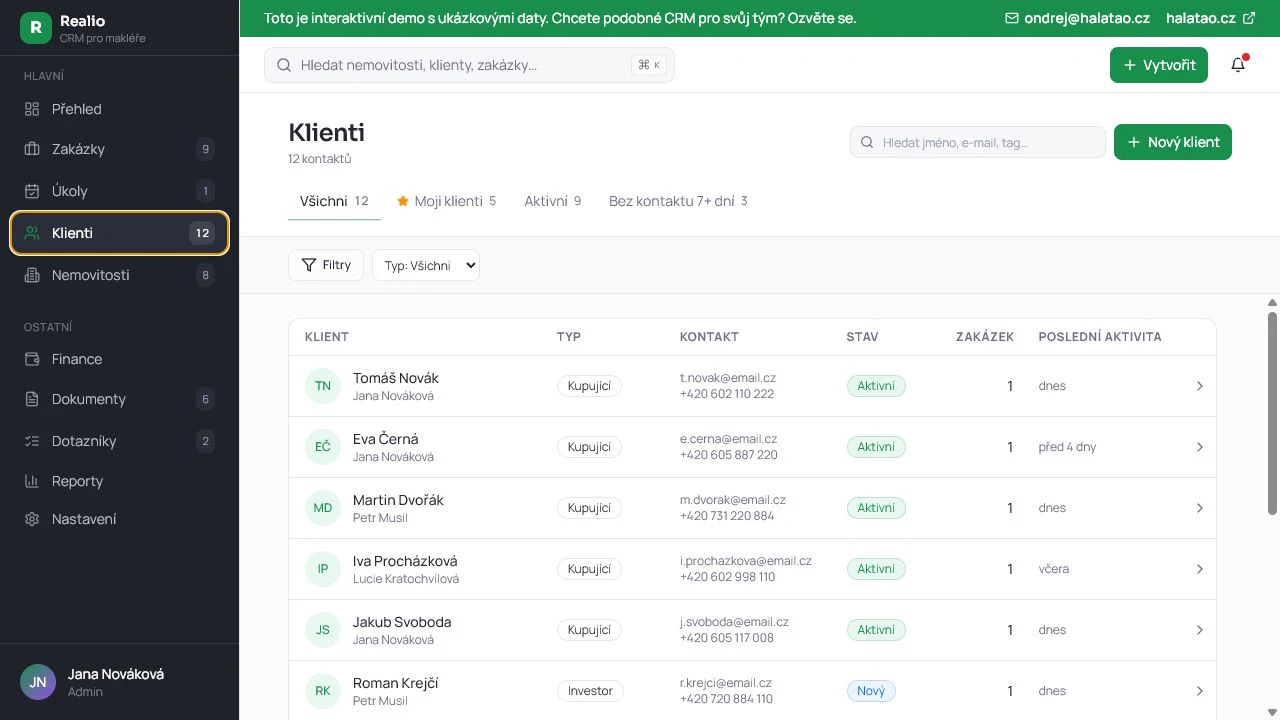 Seznam klientů a navazujících aktivit v demonstračním CRM Realio.
