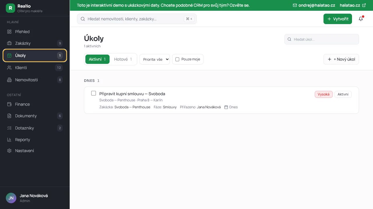 Přehled úkolů a termínů v demonstračním CRM Realio.